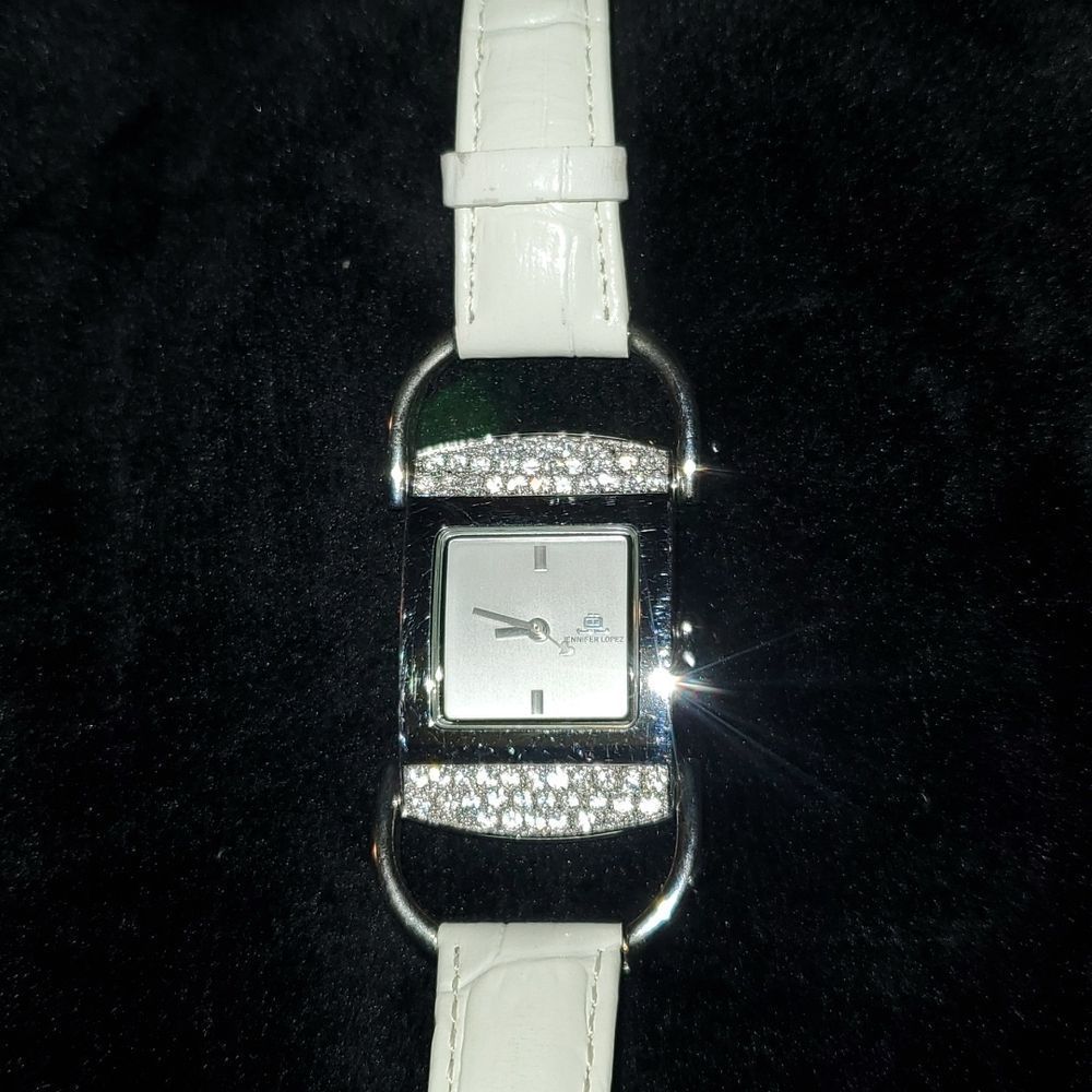 JLo Jennifer Lopez Crystal‎ Embellished Bling Iced Out Watch White Croc Band